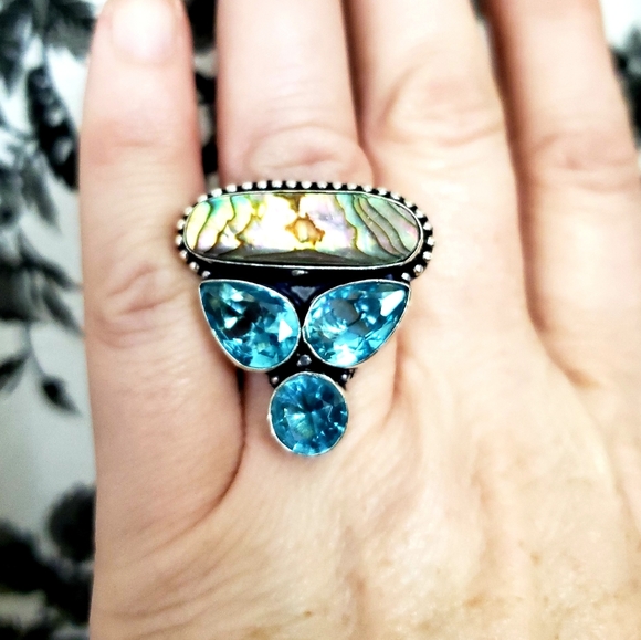 New Abalone Shell & Blue Topaz 925 Silver Ring. - Picture 5 of 7